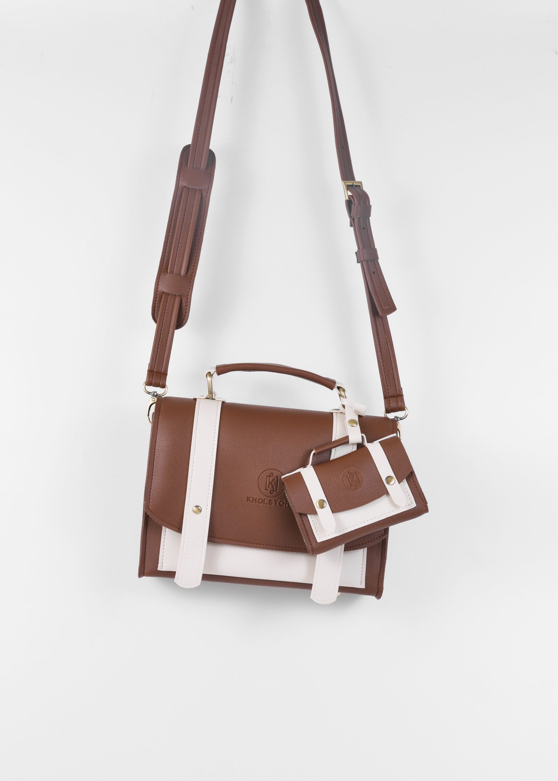 (In stock|Có sẵn) TABI | Leather satchel crossbody bag with mini bag in Brown mix Cream - Cặp đeo chéo có túi mini màu nâu phối kem