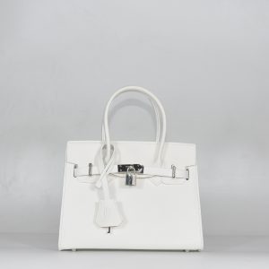 (In stock|Có sẵn) BIRKIN SELLIER STYLE | Leather Top-handle Crossbody bag size 25 with Silver hardware in White – Túi da dáng Birkin Sellier size 26 quai xách tay đeo chéo khóa bạc màu trắng